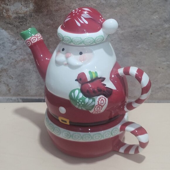 Temptations by Tara 3 Piece Ceramic Stacking Santa Teapot Mug Cup Set - Picture 8 of 12